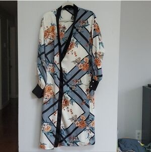 Lulus Lilium Dusty Blue Floral Print Satin Midi Robe Dress